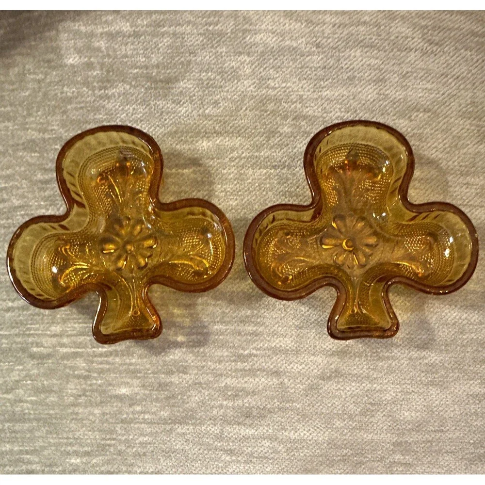 1970’s Amber Glass Shamrock Trinket Dishes set 2 Floral Pattern Indiana Glass Co